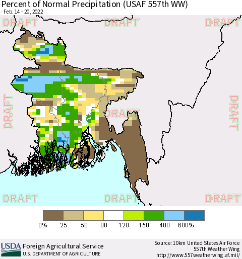 Bangladesh Percent of Normal Precipitation (USAF 557th WW) Thematic Map For 2/14/2022 - 2/20/2022