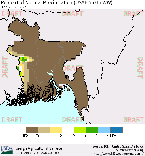 Bangladesh Percent of Normal Precipitation (USAF 557th WW) Thematic Map For 2/21/2022 - 2/27/2022