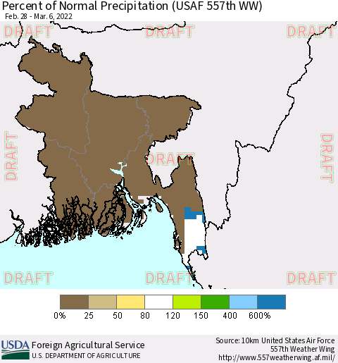 Bangladesh Percent of Normal Precipitation (USAF 557th WW) Thematic Map For 2/28/2022 - 3/6/2022