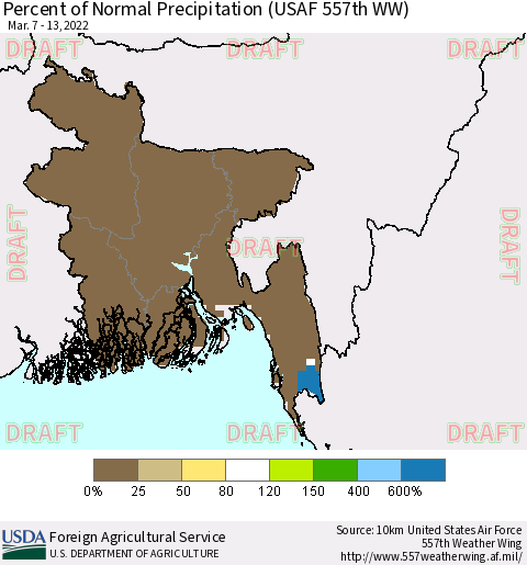 Bangladesh Percent of Normal Precipitation (USAF 557th WW) Thematic Map For 3/7/2022 - 3/13/2022