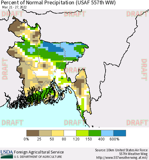 Bangladesh Percent of Normal Precipitation (USAF 557th WW) Thematic Map For 3/21/2022 - 3/27/2022