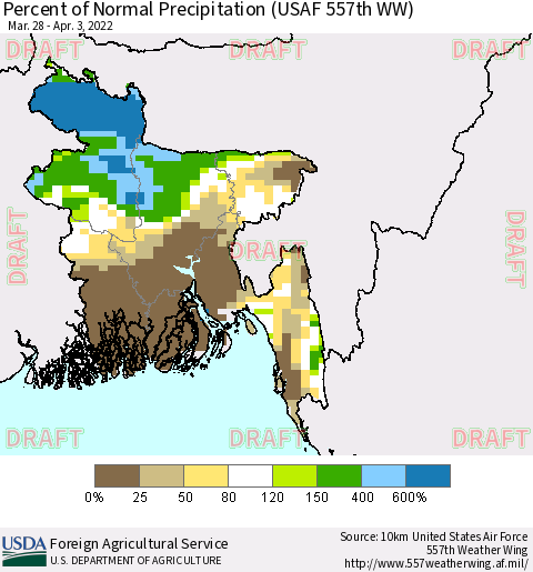 Bangladesh Percent of Normal Precipitation (USAF 557th WW) Thematic Map For 3/28/2022 - 4/3/2022