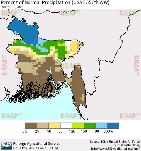 Bangladesh Percent of Normal Precipitation (USAF 557th WW) Thematic Map For 4/4/2022 - 4/10/2022