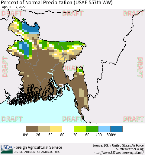 Bangladesh Percent of Normal Precipitation (USAF 557th WW) Thematic Map For 4/11/2022 - 4/17/2022