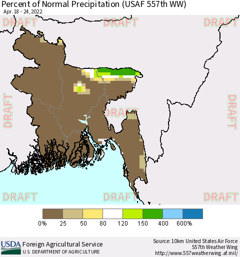 Bangladesh Percent of Normal Precipitation (USAF 557th WW) Thematic Map For 4/18/2022 - 4/24/2022