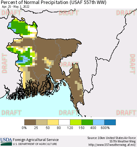 Bangladesh Percent of Normal Precipitation (USAF 557th WW) Thematic Map For 4/25/2022 - 5/1/2022