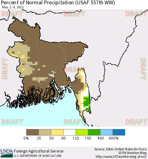 Bangladesh Percent of Normal Precipitation (USAF 557th WW) Thematic Map For 5/2/2022 - 5/8/2022