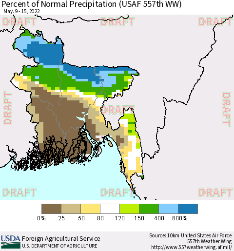 Bangladesh Percent of Normal Precipitation (USAF 557th WW) Thematic Map For 5/9/2022 - 5/15/2022