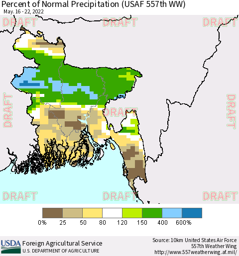 Bangladesh Percent of Normal Precipitation (USAF 557th WW) Thematic Map For 5/16/2022 - 5/22/2022