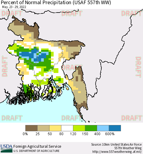 Bangladesh Percent of Normal Precipitation (USAF 557th WW) Thematic Map For 5/23/2022 - 5/29/2022