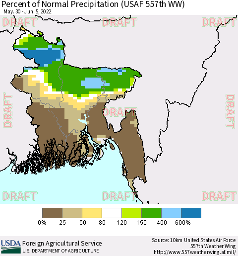 Bangladesh Percent of Normal Precipitation (USAF 557th WW) Thematic Map For 5/30/2022 - 6/5/2022