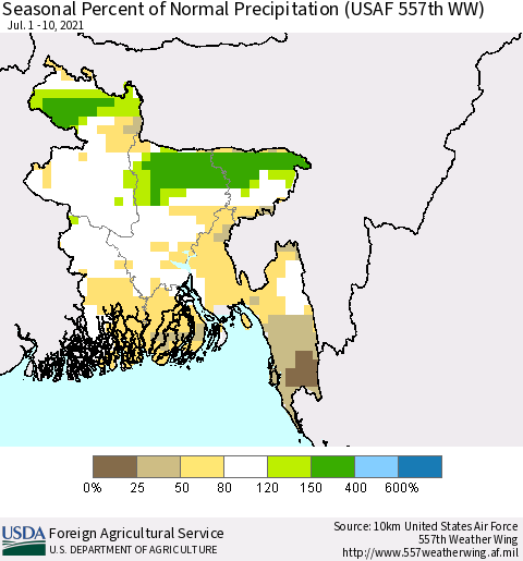 Bangladesh Seasonal Percent of Normal Precipitation (USAF 557th WW) Thematic Map For 7/1/2021 - 7/10/2021