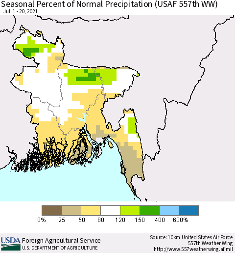 Bangladesh Seasonal Percent of Normal Precipitation (USAF 557th WW) Thematic Map For 7/1/2021 - 7/20/2021