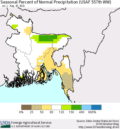 Bangladesh Seasonal Percent of Normal Precipitation (USAF 557th WW) Thematic Map For 7/1/2021 - 8/20/2021