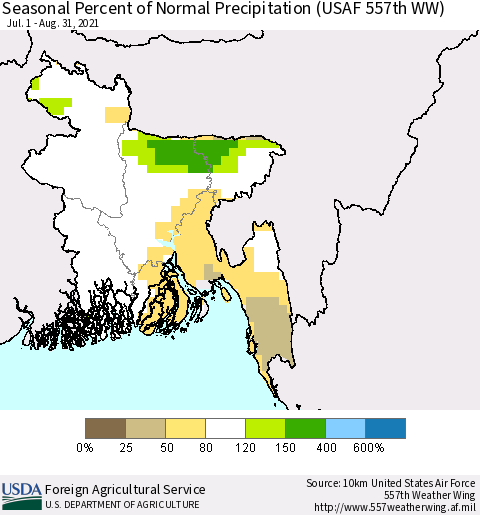 Bangladesh Seasonal Percent of Normal Precipitation (USAF 557th WW) Thematic Map For 7/1/2021 - 8/31/2021