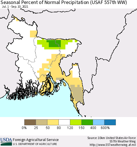 Bangladesh Seasonal Percent of Normal Precipitation (USAF 557th WW) Thematic Map For 7/1/2021 - 9/10/2021