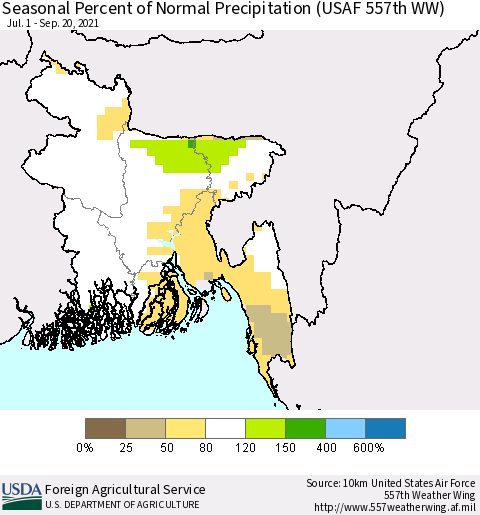 Bangladesh Seasonal Percent of Normal Precipitation (USAF 557th WW) Thematic Map For 7/1/2021 - 9/20/2021