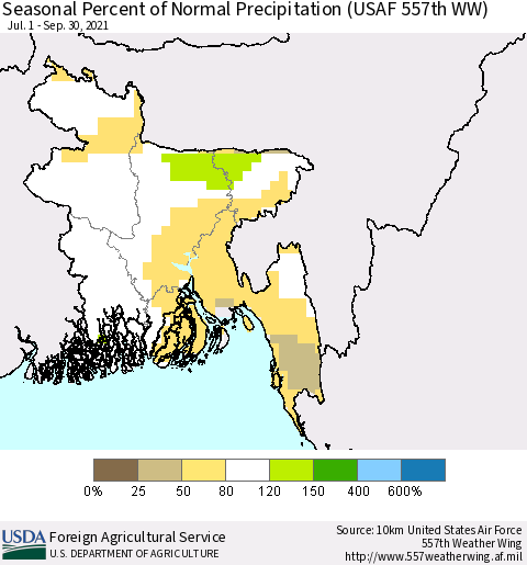 Bangladesh Seasonal Percent of Normal Precipitation (USAF 557th WW) Thematic Map For 7/1/2021 - 9/30/2021