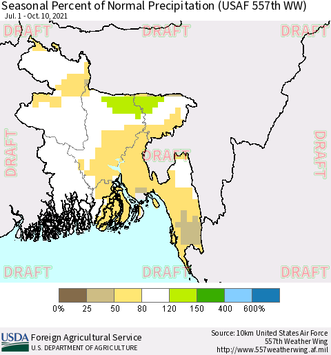 Bangladesh Seasonal Percent of Normal Precipitation (USAF 557th WW) Thematic Map For 7/1/2021 - 10/10/2021