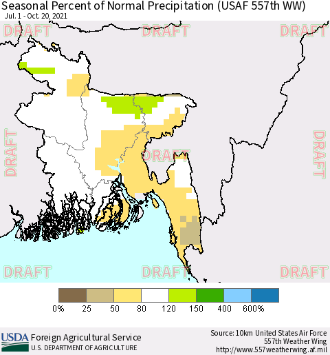 Bangladesh Seasonal Percent of Normal Precipitation (USAF 557th WW) Thematic Map For 7/1/2021 - 10/20/2021