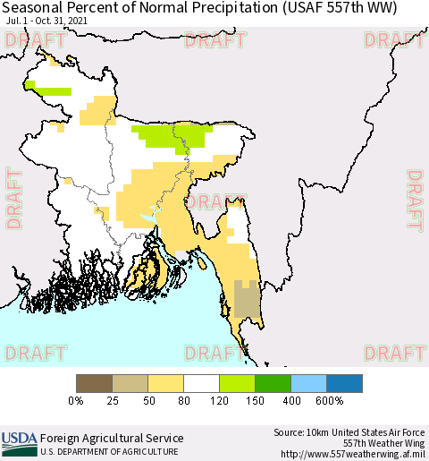 Bangladesh Seasonal Percent of Normal Precipitation (USAF 557th WW) Thematic Map For 7/1/2021 - 10/31/2021