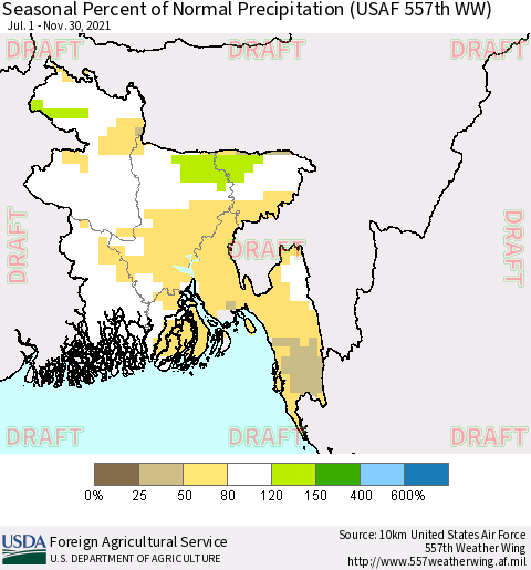 Bangladesh Seasonal Percent of Normal Precipitation (USAF 557th WW) Thematic Map For 7/1/2021 - 11/30/2021