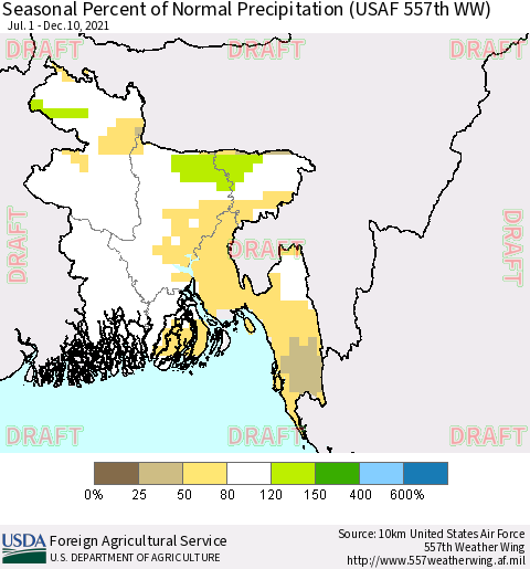 Bangladesh Seasonal Percent of Normal Precipitation (USAF 557th WW) Thematic Map For 7/1/2021 - 12/10/2021