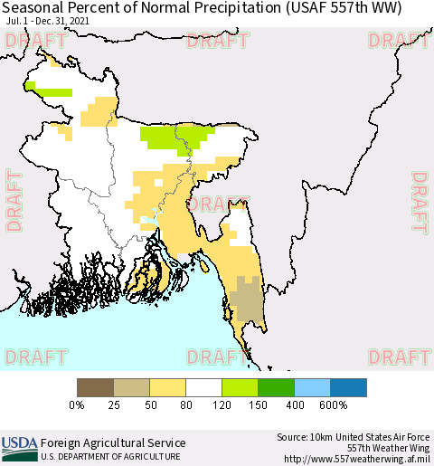 Bangladesh Seasonal Percent of Normal Precipitation (USAF 557th WW) Thematic Map For 7/1/2021 - 12/31/2021