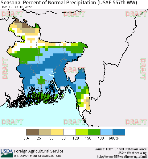 Bangladesh Seasonal Percent of Normal Precipitation (USAF 557th WW) Thematic Map For 12/1/2021 - 1/10/2022
