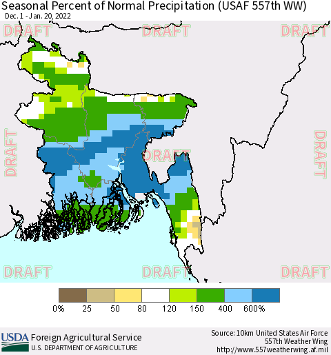 Bangladesh Seasonal Percent of Normal Precipitation (USAF 557th WW) Thematic Map For 12/1/2021 - 1/20/2022