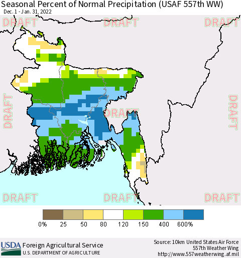 Bangladesh Seasonal Percent of Normal Precipitation (USAF 557th WW) Thematic Map For 12/1/2021 - 1/31/2022
