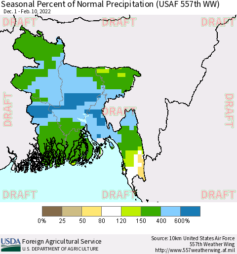 Bangladesh Seasonal Percent of Normal Precipitation (USAF 557th WW) Thematic Map For 12/1/2021 - 2/10/2022