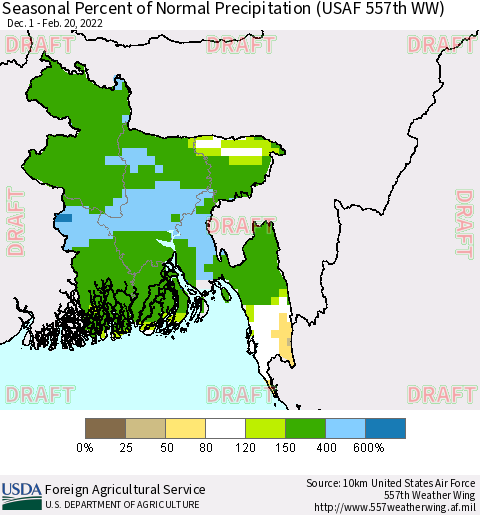 Bangladesh Seasonal Percent of Normal Precipitation (USAF 557th WW) Thematic Map For 12/1/2021 - 2/20/2022