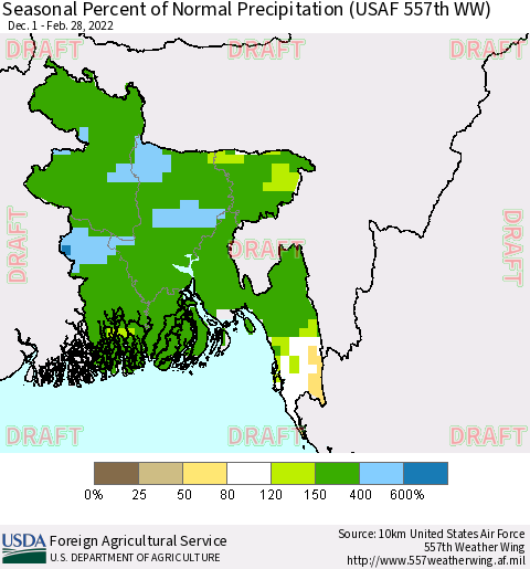 Bangladesh Seasonal Percent of Normal Precipitation (USAF 557th WW) Thematic Map For 12/1/2021 - 2/28/2022