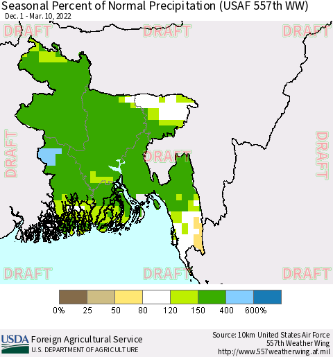 Bangladesh Seasonal Percent of Normal Precipitation (USAF 557th WW) Thematic Map For 12/1/2021 - 3/10/2022