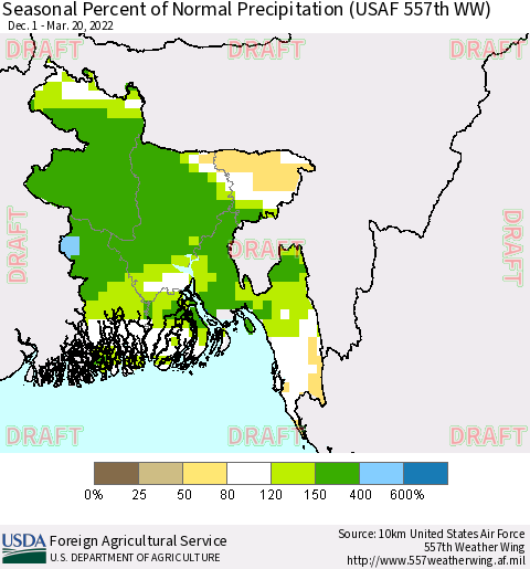 Bangladesh Seasonal Percent of Normal Precipitation (USAF 557th WW) Thematic Map For 12/1/2021 - 3/20/2022