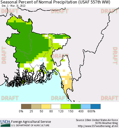 Bangladesh Seasonal Percent of Normal Precipitation (USAF 557th WW) Thematic Map For 12/1/2021 - 3/31/2022