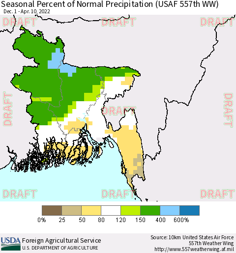 Bangladesh Seasonal Percent of Normal Precipitation (USAF 557th WW) Thematic Map For 12/1/2021 - 4/10/2022