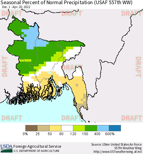 Bangladesh Seasonal Percent of Normal Precipitation (USAF 557th WW) Thematic Map For 12/1/2021 - 4/20/2022
