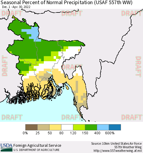 Bangladesh Seasonal Percent of Normal Precipitation (USAF 557th WW) Thematic Map For 12/1/2021 - 4/30/2022