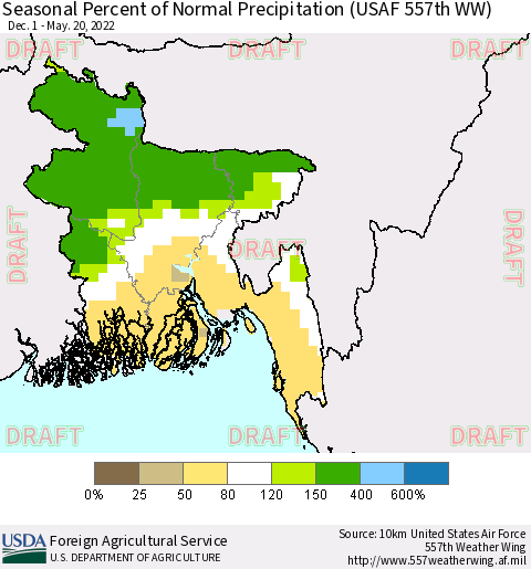 Bangladesh Seasonal Percent of Normal Precipitation (USAF 557th WW) Thematic Map For 12/1/2021 - 5/20/2022