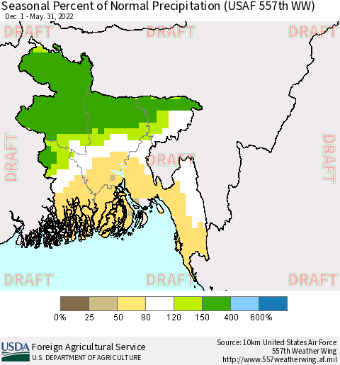 Bangladesh Seasonal Percent of Normal Precipitation (USAF 557th WW) Thematic Map For 12/1/2021 - 5/31/2022