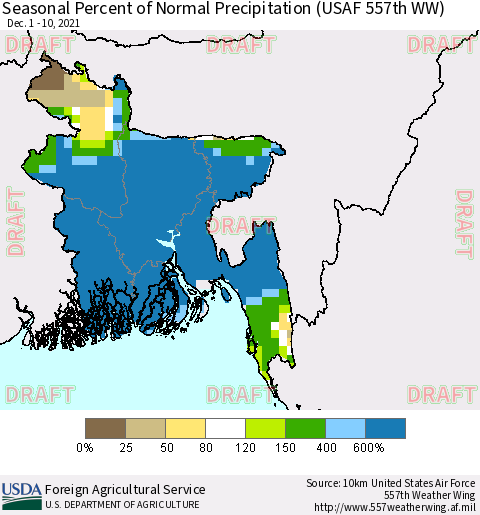 Bangladesh Seasonal Percent of Normal Precipitation (USAF 557th WW) Thematic Map For 12/1/2021 - 12/10/2021