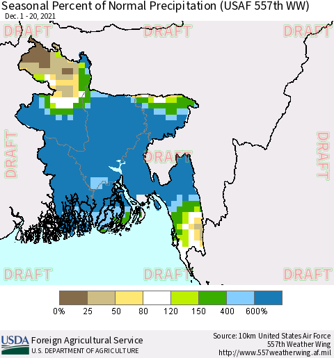 Bangladesh Seasonal Percent of Normal Precipitation (USAF 557th WW) Thematic Map For 12/1/2021 - 12/20/2021