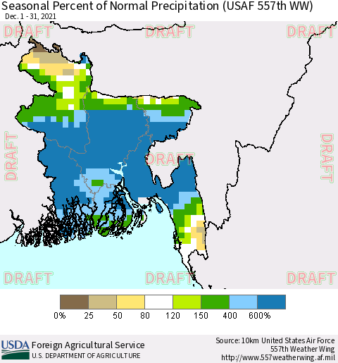 Bangladesh Seasonal Percent of Normal Precipitation (USAF 557th WW) Thematic Map For 12/1/2021 - 12/31/2021