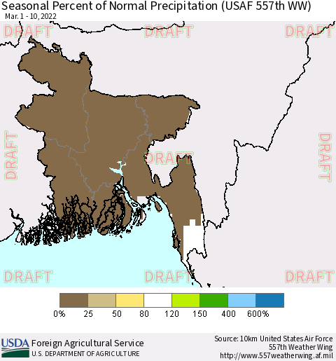 Bangladesh Seasonal Percent of Normal Precipitation (USAF 557th WW) Thematic Map For 3/1/2022 - 3/10/2022