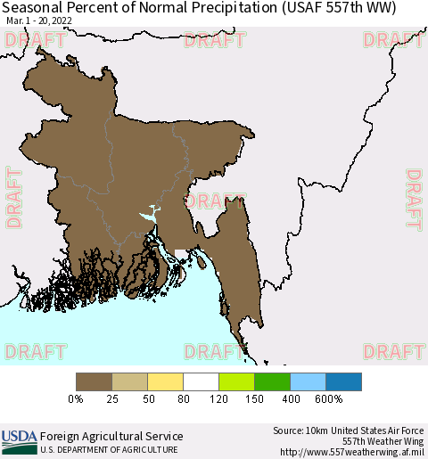 Bangladesh Seasonal Percent of Normal Precipitation (USAF 557th WW) Thematic Map For 3/1/2022 - 3/20/2022