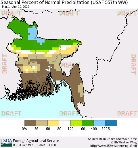 Bangladesh Seasonal Percent of Normal Precipitation (USAF 557th WW) Thematic Map For 3/1/2022 - 4/10/2022