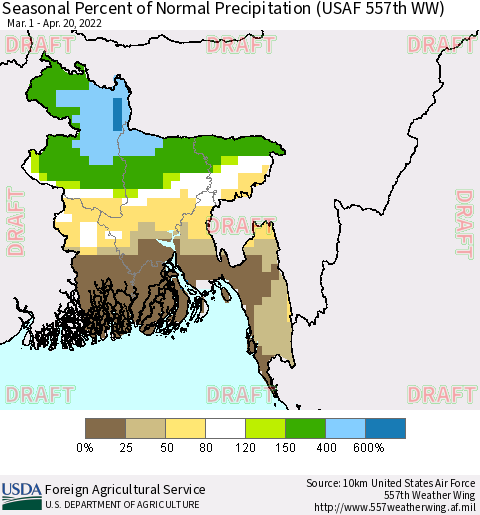 Bangladesh Seasonal Percent of Normal Precipitation (USAF 557th WW) Thematic Map For 3/1/2022 - 4/20/2022