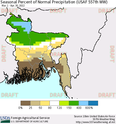 Bangladesh Seasonal Percent of Normal Precipitation (USAF 557th WW) Thematic Map For 3/1/2022 - 4/30/2022